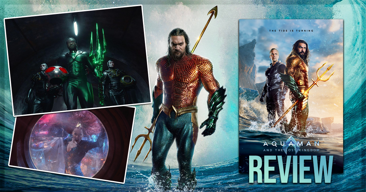 This is a banner for a review of the movie Aquaman and The Lost Kingdom.