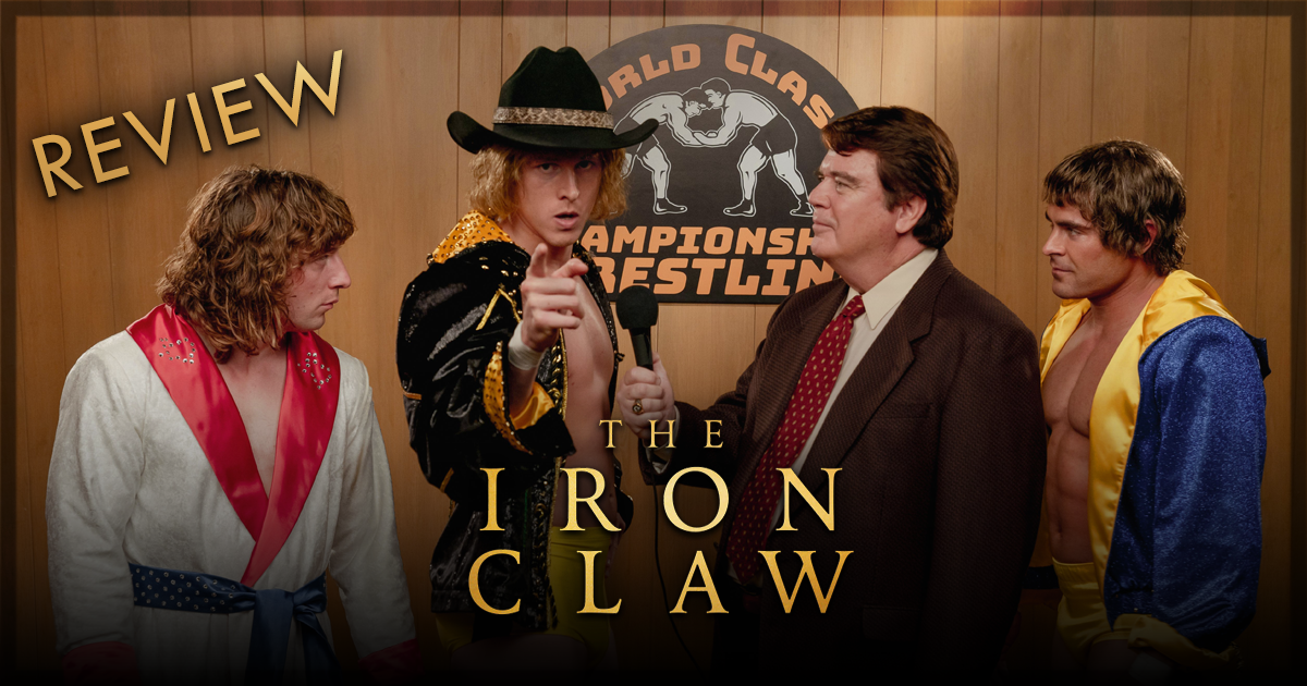 This is a banner for a review of the movie The Iron Claw.
