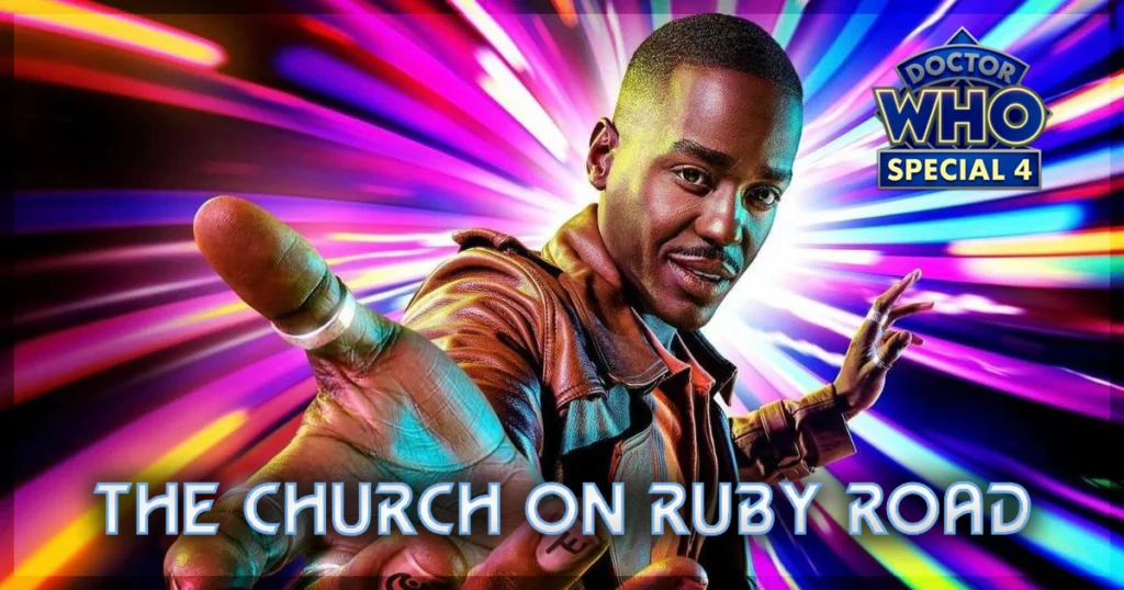 This is a banner for a review of Doctor Who Special 4 - The Church on Ruby Road with Ncuti Gatwa.