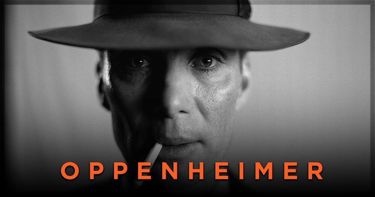 This is a banner for a review of the film Oppenheimer. It feature's the film's title character, played by Cillian Murphy.