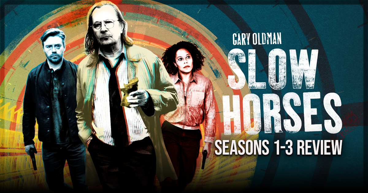 This is a banner for a review of the TV show Slow Horses, starring Gary Oldman and on Apple TV+.