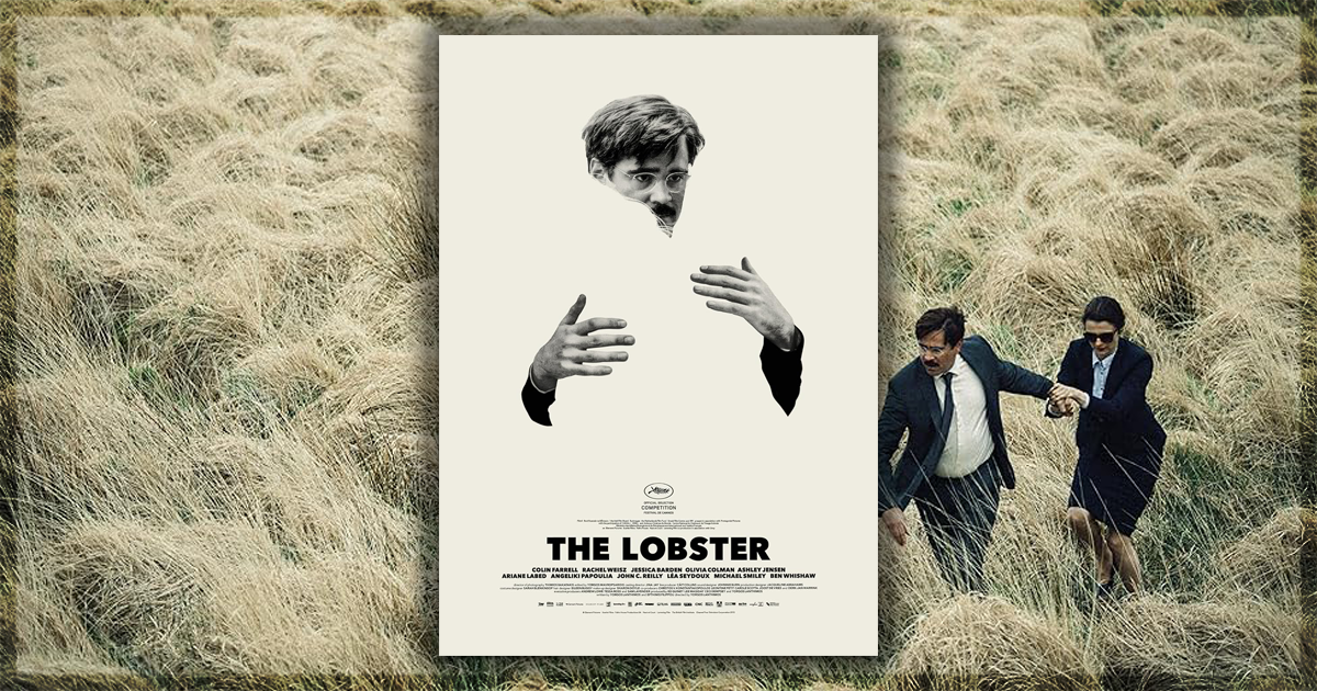 This is a banner for a review of The Lobster by Yorgos Lanthimos. It features Colin Farrell and Rachel Weisz.
