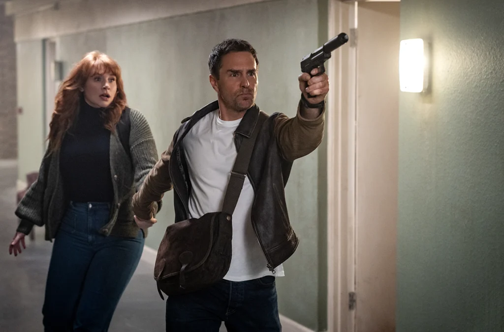 Bryce Dallas Howard and Sam Rockwell in Argylle. Image courtesy of Universal/Apple.