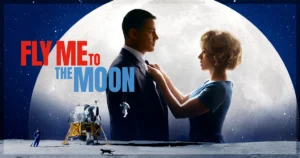 This is a banner for a movie review of Apple's Fly Me to the Moon.