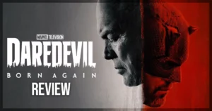 This is a banner for a review of the new Marvel Television series Daredevil: Born Again.