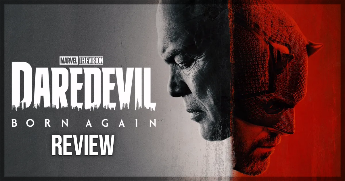 This is a banner for a review of the new Marvel Television series Daredevil: Born Again.