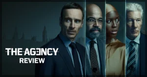 This is a banner for a review of the show The Agency, on Paramount+.