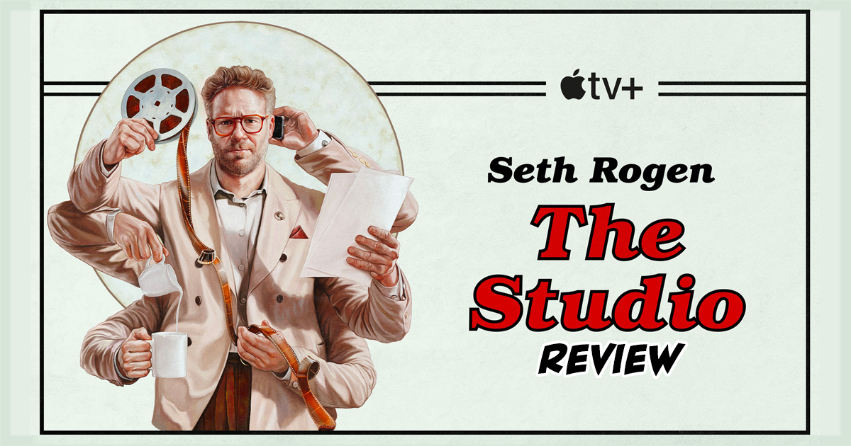 This is a banner for a review of The Studio from Apple TV+ and Seth Rogen.