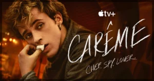 This is a banner for a review of Episode 1 of Carême, The Infernal Machine on Apple TV+.