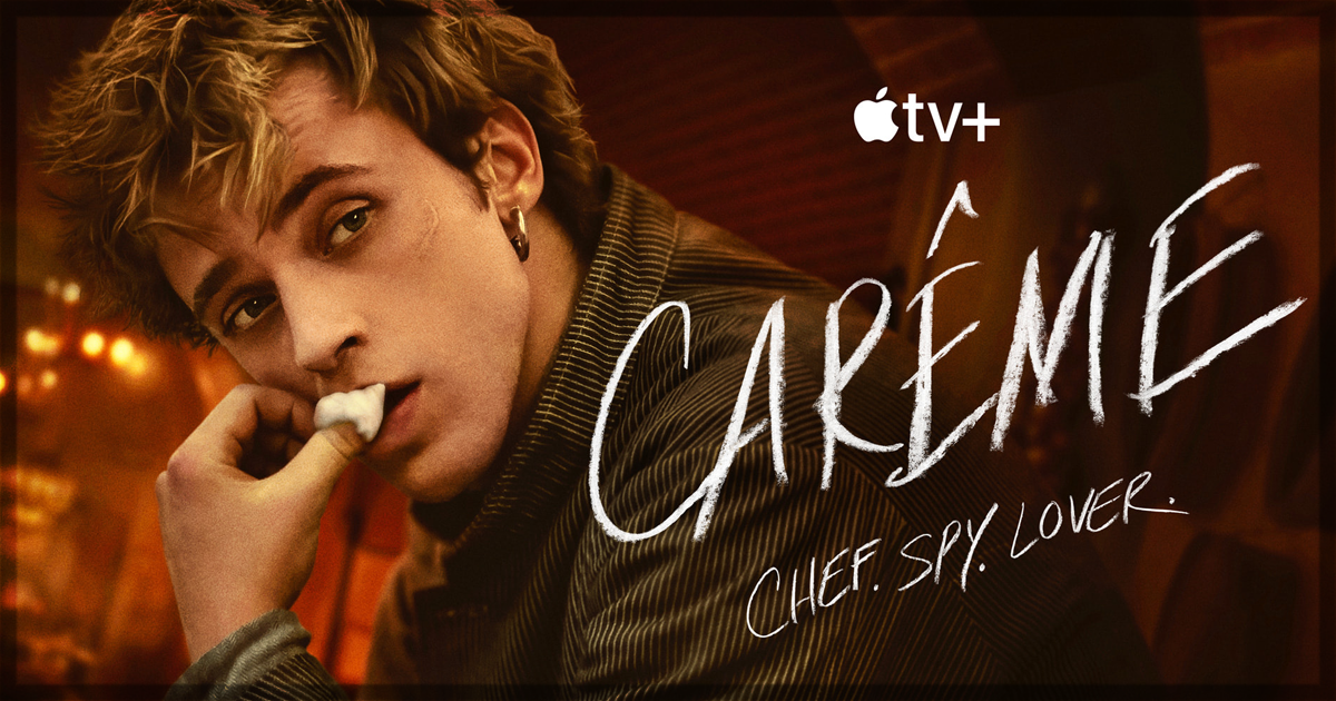 This is a banner for a review of Episode 1 of Carême, The Infernal Machine on Apple TV+.