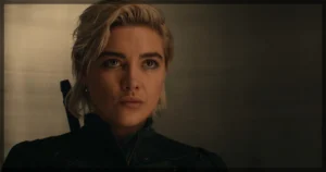 This is a banner for a review of Thunderbolts* from Marvel Studios. It features Florence Pugh.