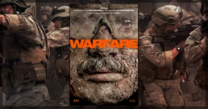 This is a banner for a review of Alex Garland's Warfare.