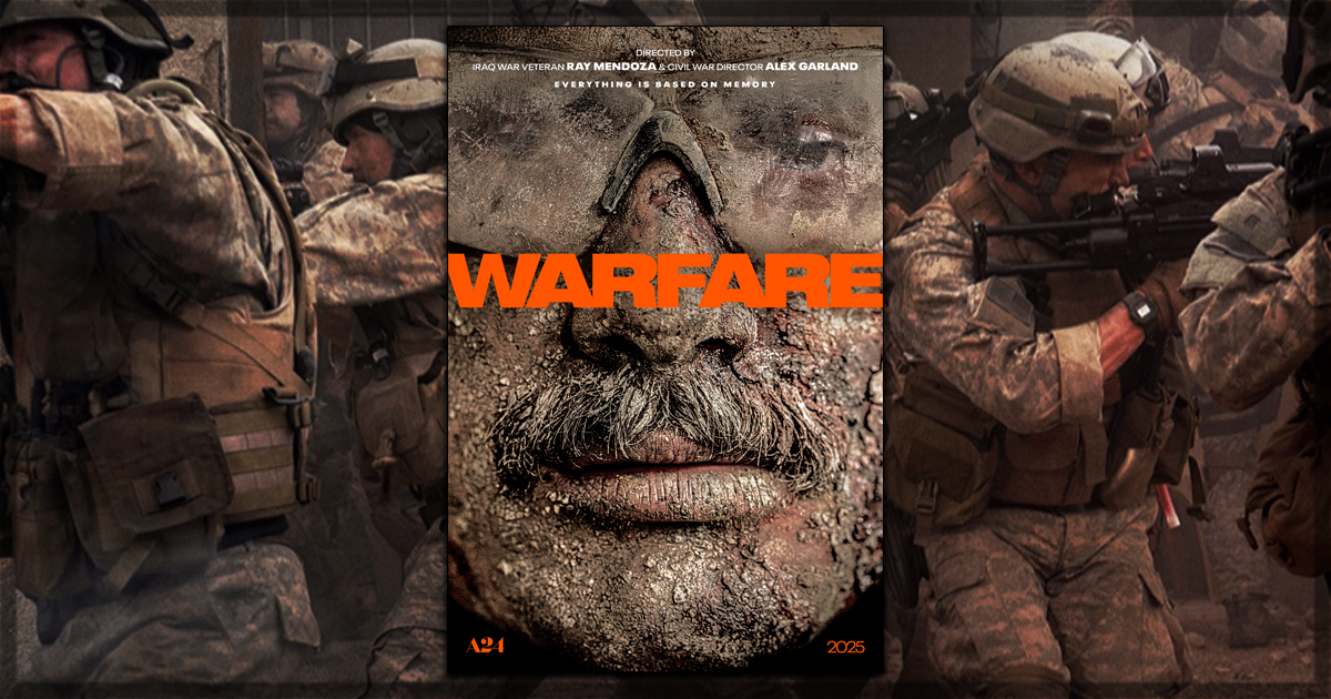 This is a banner for a review of Alex Garland's Warfare.