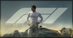This is a banner for a review of F1: The Movie.