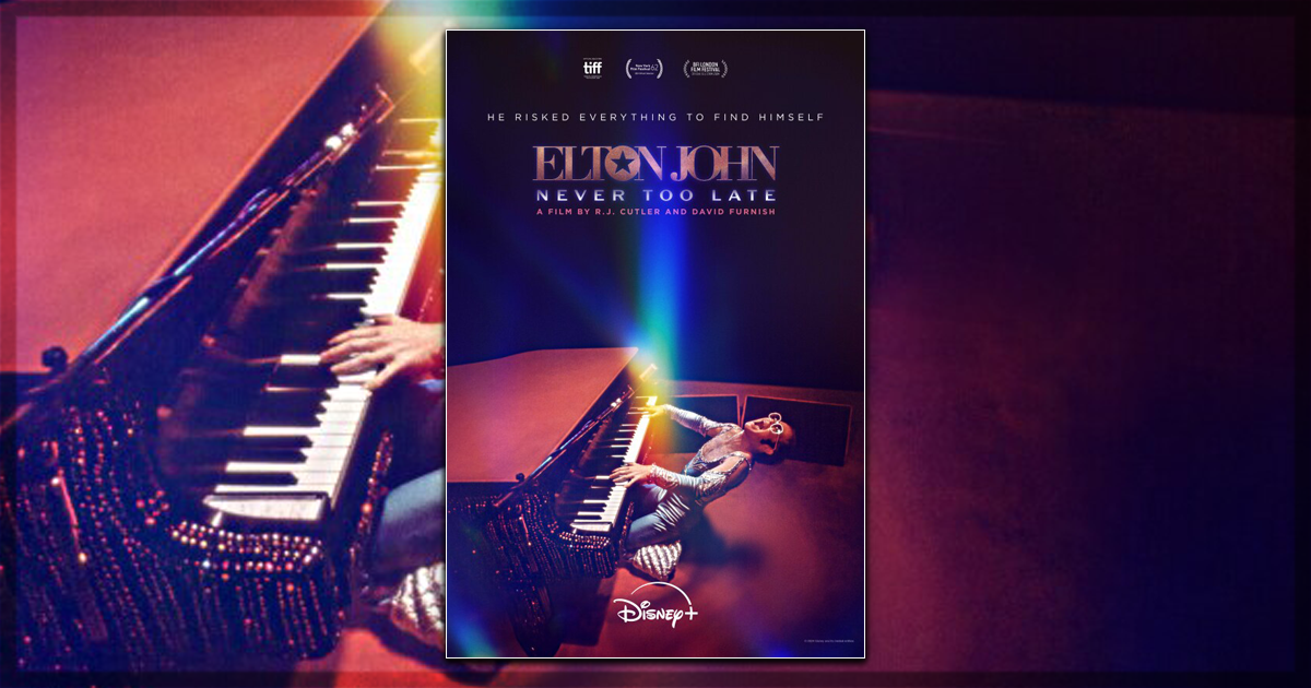 This is a banner for a review of the documentary Elton John: Never Too late.