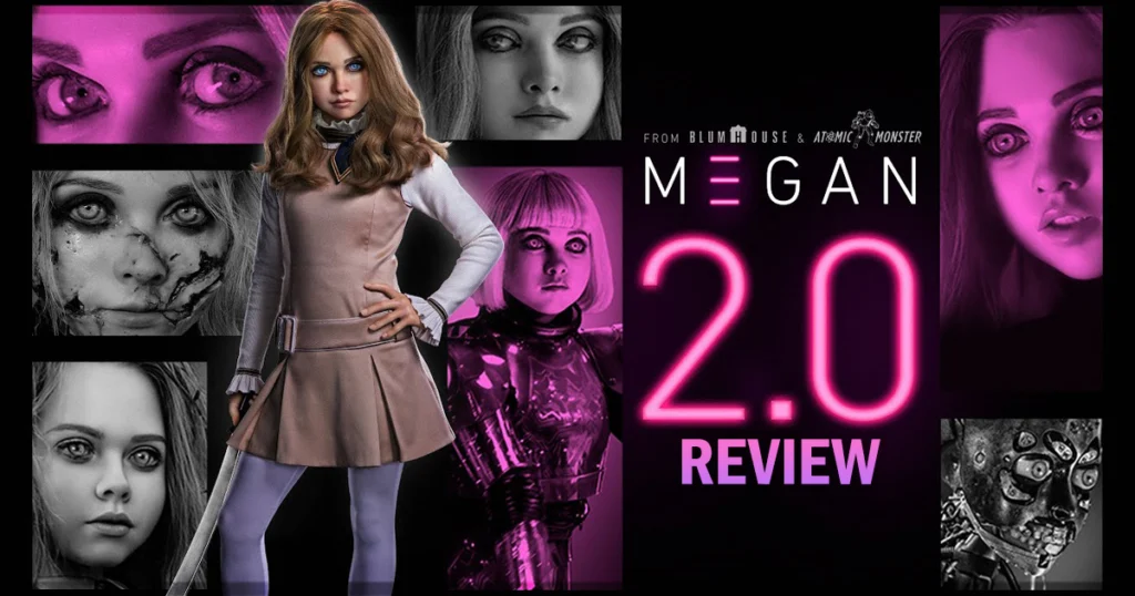 This is a banner for a review of M3GAN 2.0.