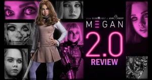 This is a banner for a review of M3GAN 2.0.