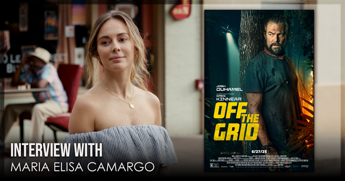 This is a banner for an interview with Maria Elisa Camargo from Off the Grid. Photos courtesy of Lionsgate.