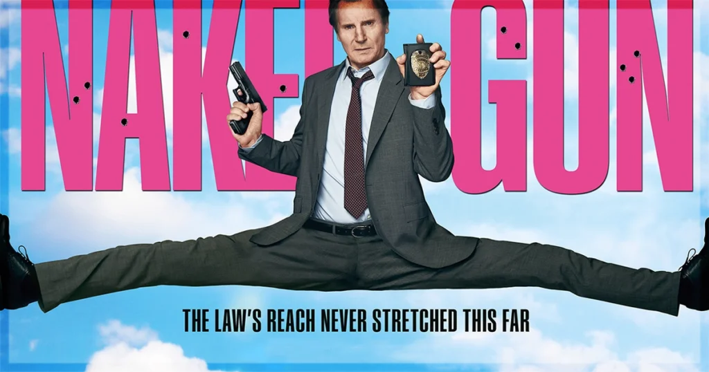 This is a banner for a review of The Naked Gun. Image courtesy of Paramount.