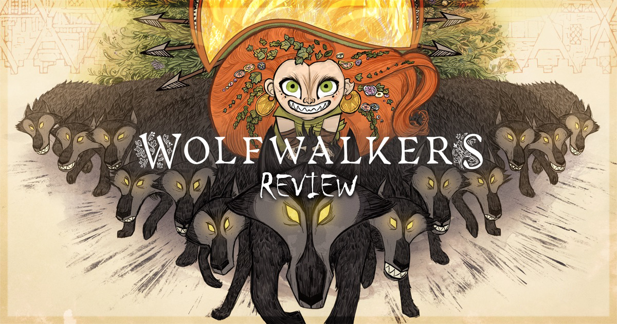 This is a banner for a review of the animated film Wolfwalkers.