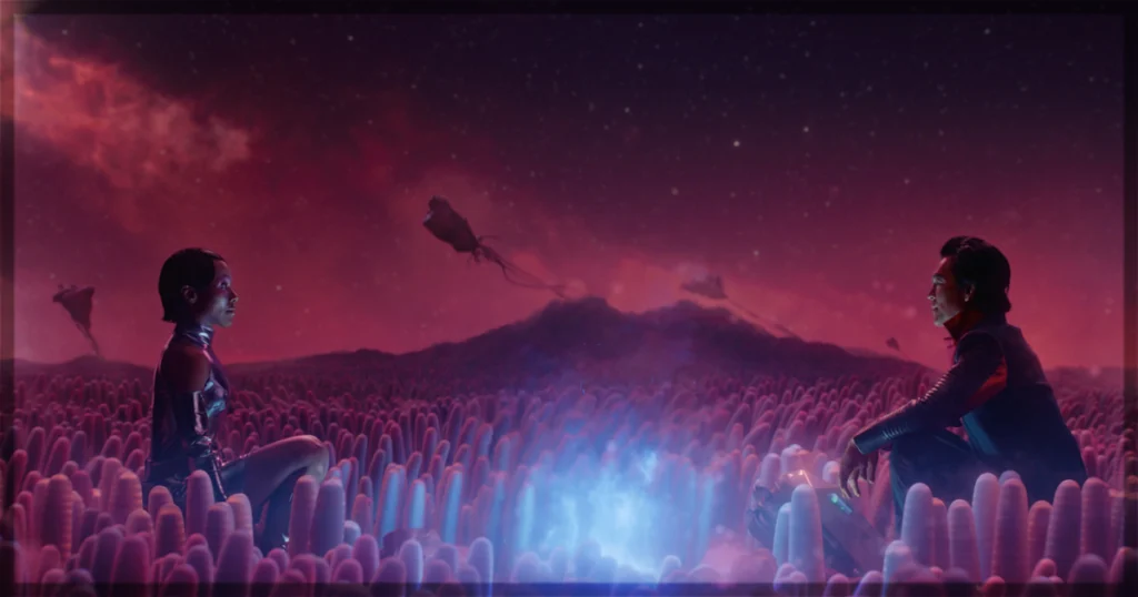 This is a banner for a review of Murderbot Season 1 Episode 6, Command Feed. Image courtesy of Apple TV+.