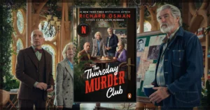 This is a banner for a review of the Richard Osman book, The Thursday Murder Club. Images courtesy of Penguin and Netflix.