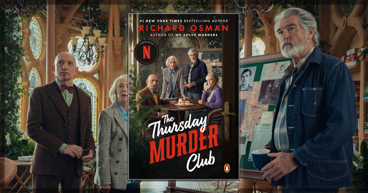 This is a banner for a review of the Richard Osman book, The Thursday Murder Club. Images courtesy of Penguin and Netflix.
