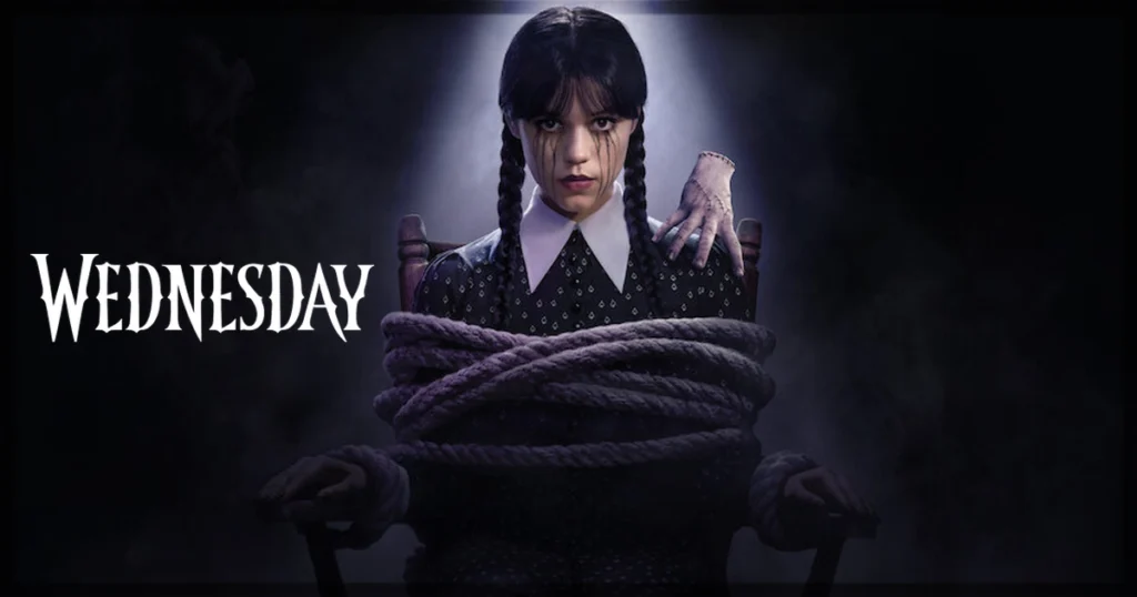 This is a banner for a review of Season2 Part 1 of Wednesday. Image courtesy of Netflix.