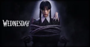 This is a banner for a review of Season2 Part 1 of Wednesday. Image courtesy of Netflix.