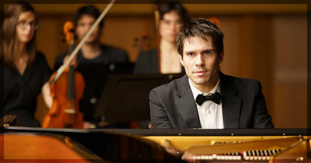 This is a banner for a review of the movie Two Pianos. Image courtesy of the filmmakers.
