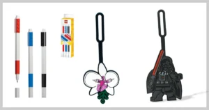 This is a banner for a review of Santoki's Lego Gel Pens and Bag Tags.