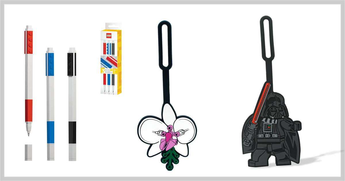 This is a banner for a review of Santoki's Lego Gel Pens and Bag Tags.