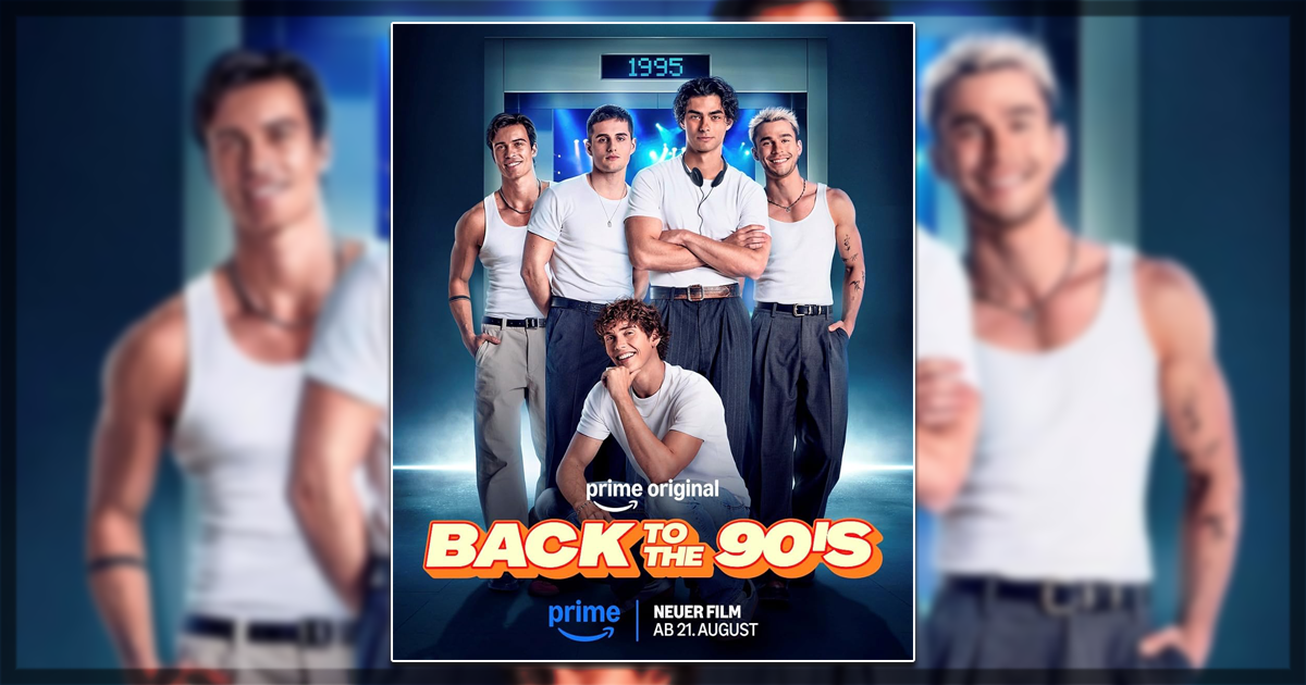 This is a banner for a review of the film Back to the 90s. Image courtesy of Prime Video.